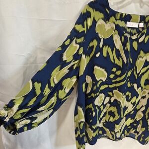 Belle by Kim Gravel Sz M Blue Green Abstract Ikat Sheer Long Sleeve Blouse Bold